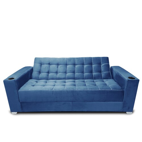 Sofa cama Jeffrey c/brazos 02 portavasos metalicos tela Burn Azul