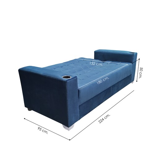 Sofa cama Jeffrey c/brazos 02 portavasos metalicos tela Burn Azul