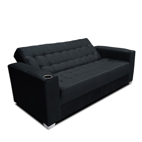Sofa cama Jeffrey c/brazos 02 portavasos metalicos tela Burn Negro MADERIAN // ENTREGA EN CDMX Y AREA METROPOLITANA