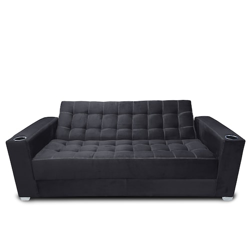 Sofa cama Jeffrey c/brazos 02 portavasos metalicos tela Burn Negro MADERIAN // ENTREGA EN CDMX Y AREA METROPOLITANA