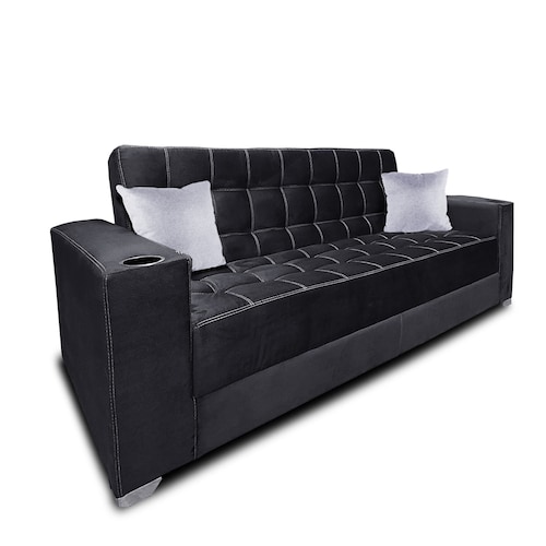 Sofa cama Jeffrey c/brazos 02 portavasos metalicos tela Burn Negro MADERIAN // ENTREGA EN CDMX Y AREA METROPOLITANA