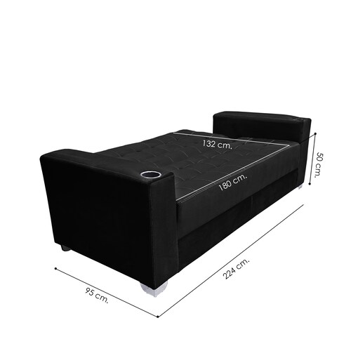 Sofa cama Jeffrey c/brazos 02 portavasos metalicos tela Burn Negro MADERIAN // ENTREGA EN CDMX Y AREA METROPOLITANA
