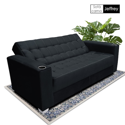 Sofa cama Jeffrey c/brazos 02 portavasos metalicos tela Burn Negro MADERIAN // ENTREGA EN CDMX Y AREA METROPOLITANA
