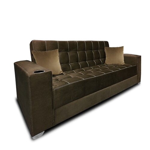 Sofa cama Jeffrey c/brazos 02 portavasos metalicos tela Burn Chocolate MADERIAN // ENTREGA EN CDMX Y AREA METROPOLITANA