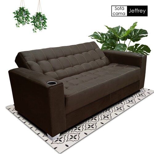 Sofa cama Jeffrey c/brazos 02 portavasos metalicos tela Burn Chocolate MADERIAN // ENTREGA EN CDMX Y AREA METROPOLITANA