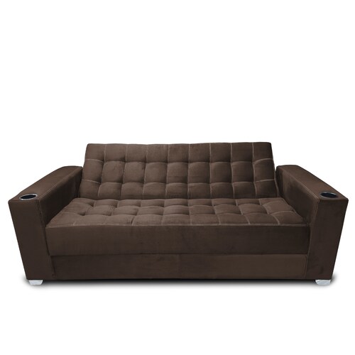 Sofa cama Jeffrey c/brazos 02 portavasos metalicos tela Burn Chocolate MADERIAN // ENTREGA EN CDMX Y AREA METROPOLITANA