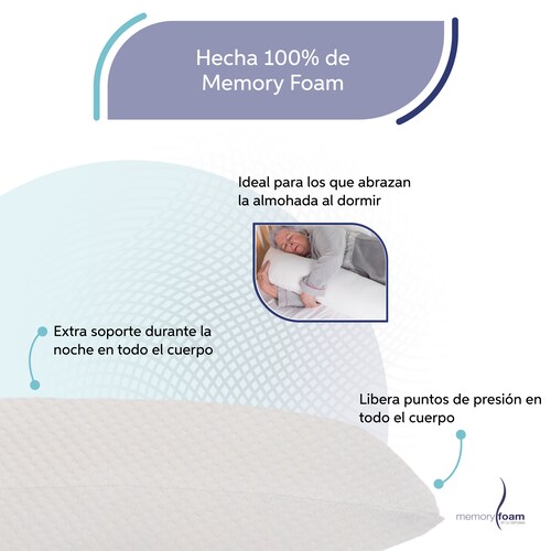 MEMORY FOAM Almohada Body Pillow de Memory Foam Color Blanco  Hecha de Memory Foam 100x35x15 cm.
