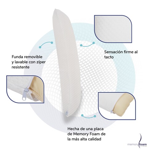 MEMORY FOAM Almohada Body Pillow de Memory Foam Color Blanco  Hecha de Memory Foam 100x35x15 cm.