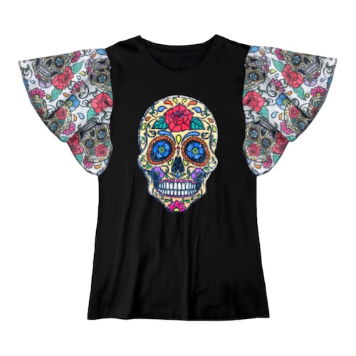 Playera Mujer Manga Olanes Calavera Calaca Día De Muertos.