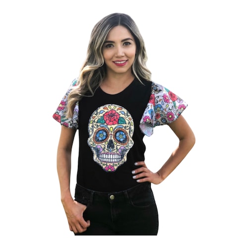 Playera Mujer Manga Olanes Calavera Calaca Día De Muertos.
