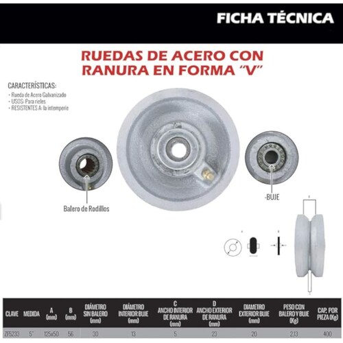 Rueda de Acero con ranura tipo V para Rieles 5"