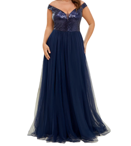 Vestido Elegante de Fiesta Largo Curvy Azul Marino Lentejuela Offsoulder Sin Hombros Falda Tul Cintura Alta Talla Ch a Talla Extra