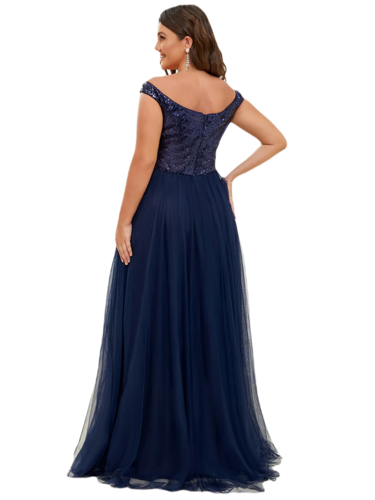 Vestido Elegante de Fiesta Largo Curvy Azul Marino Lentejuela Offsoulder Sin Hombros Falda Tul Cintura Alta Talla Ch a Talla Extra