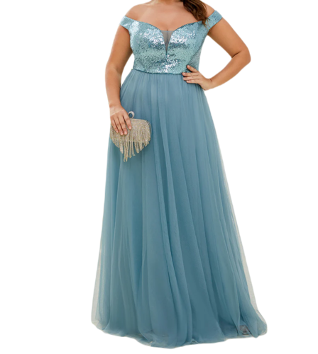 Vestido Elegante de Fiesta Largo Curvy Turquesa Dusty Lentejuela Offsoulder Sin Hombros Falda Tul Cintura Alta Talla Ch a Talla Extra