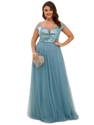 Vestido Elegante de Fiesta Largo Curvy Turquesa Dusty Lentejuela Offsoulder Sin Hombros Falda Tul Cintura Alta Talla Ch a Talla Extra
