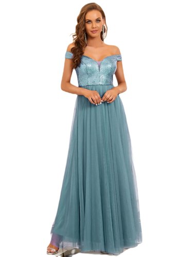 Vestido Elegante de Fiesta Largo Curvy Turquesa Dusty Lentejuela Offsoulder Sin Hombros Falda Tul Cintura Alta Talla Ch a Talla Extra