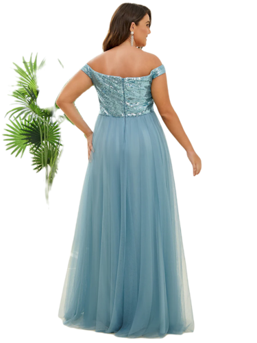 Vestido Elegante de Fiesta Largo Curvy Turquesa Dusty Lentejuela Offsoulder Sin Hombros Falda Tul Cintura Alta Talla Ch a Talla Extra