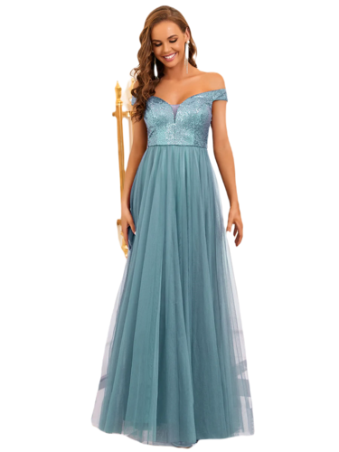 Vestido Elegante de Fiesta Largo Curvy Turquesa Dusty Lentejuela Offsoulder Sin Hombros Falda Tul Cintura Alta Talla Ch a Talla Extra