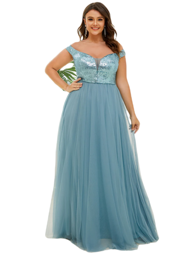 Vestido Elegante de Fiesta Largo Curvy Turquesa Dusty Lentejuela Offsoulder Sin Hombros Falda Tul Cintura Alta Talla Ch a Talla Extra