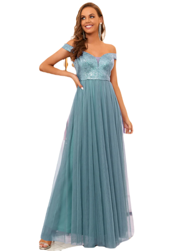 Vestido Elegante de Fiesta Largo Curvy Turquesa Dusty Lentejuela Offsoulder Sin Hombros Falda Tul Cintura Alta Talla Ch a Talla Extra