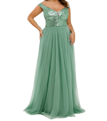 Vestido Elegante de Fiesta Largo Curvy Verde Jade Lentejuela Offsoulder Sin Hombros Falda Tul Cintura Alta Talla Ch a Talla Extra