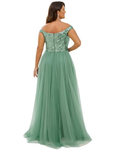 Vestido Elegante de Fiesta Largo Curvy Verde Jade Lentejuela Offsoulder Sin Hombros Falda Tul Cintura Alta Talla Ch a Talla Extra