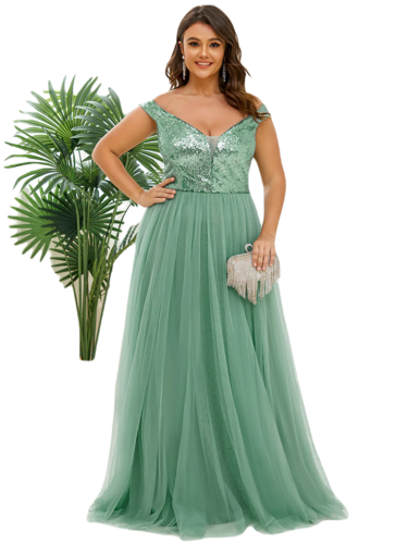 Vestido Elegante de Fiesta Largo Curvy Verde Jade Lentejuela Offsoulder Sin Hombros Falda Tul Cintura Alta Talla Ch a Talla Extra