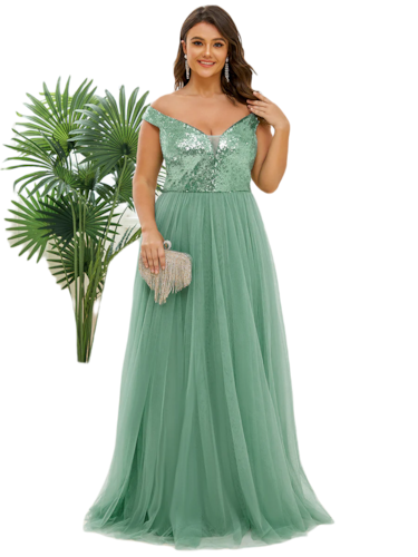 Vestido Elegante de Fiesta Largo Curvy Verde Jade Lentejuela Offsoulder Sin Hombros Falda Tul Cintura Alta Talla Ch a Talla Extra