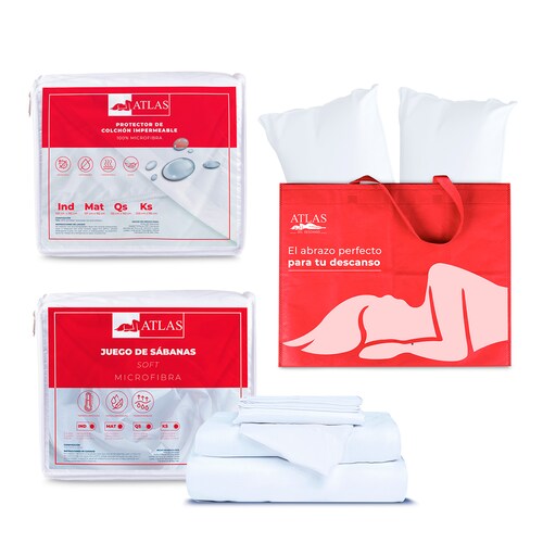 Juego De Sabanas Soft King Size De Microfibra + Cubre Colchon King Size Impermeable + Pack 2 Almohadas Atlas Basics