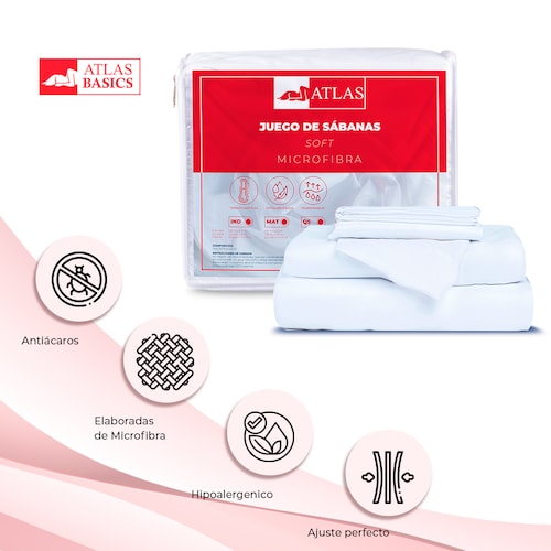 Juego De Sabanas Soft King Size De Microfibra + Cubre Colchon King Size Impermeable + Pack 2 Almohadas Atlas Basics