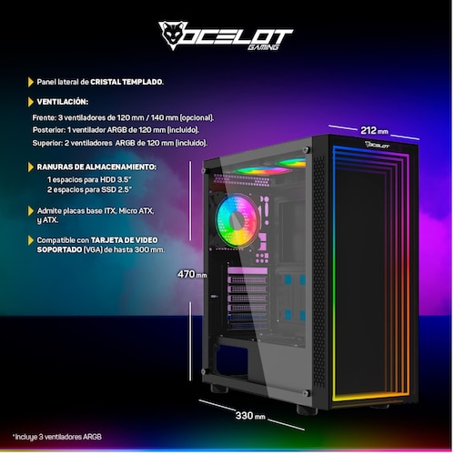 Gabinete Ocelot Gaming PORTAL-M4, ATX, Cristal Templado, incluye 3 Ventiladores, sin Fuente, Negro.