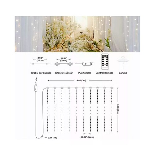 Cortinas Serie Luces Led Amarilla Decorativa Usb 8 Modos 3x3m