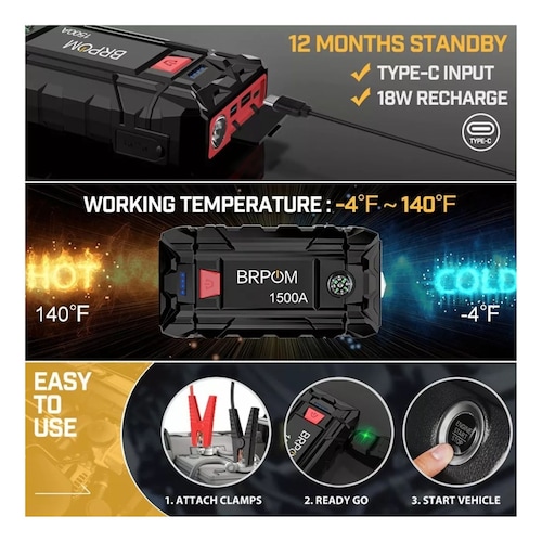 Arrancador De Batería  Para Coche 1500 A, 15800 Mah Negro 