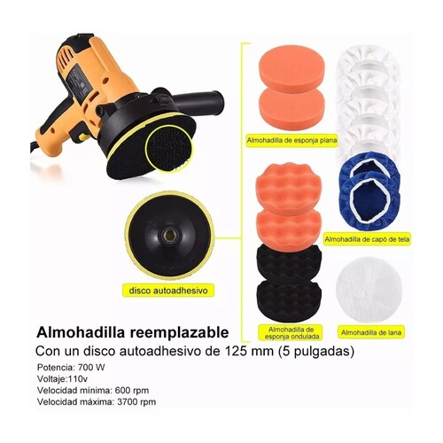 Kit Pulidora Eléctrica Para Coche 700w 110v 16 Piezas Amarillo