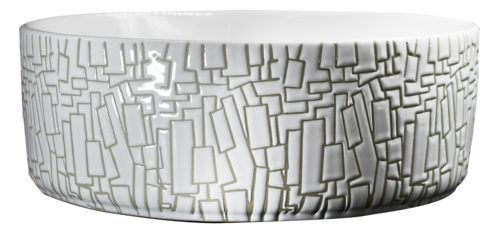 Lavabo Cerámico para Baño SUM,  forma circular en color blanco con texturas en relieve color dorado. De sobreponer, con diseño europeo ideal para todo tipo de baños. Dimensiones 40.0 x 40.0 x 14.5 cms. (base x altura x profundidad)