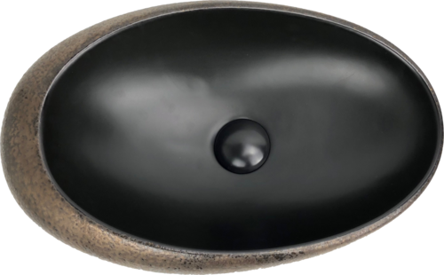 Lavabo Cerámico para Baño MI, acabado metalizado fondo negro con el exterior cobrizo con relieve. De sobreponer, con diseño europeo ideal para todo tipo de baños. Dimensiones 49.0 x 32.0 x 13.5 cms. (base x altura x profundidad)