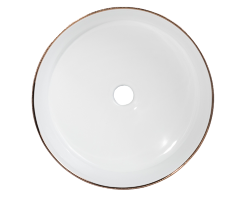 Lavabo Cerámico para Baño KRA, forma circular en color cobre, acabado con líneas horizontales. De sobreponer, con diseño europeo ideal para todo tipo de baños. Dimensiones 36.0 x 36.0 x 12.5 cms. (base x altura x profundidad)