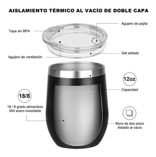 Vaso Termico Acero Inoxidable frio/calor 2 Piezas Negro 12 Oz