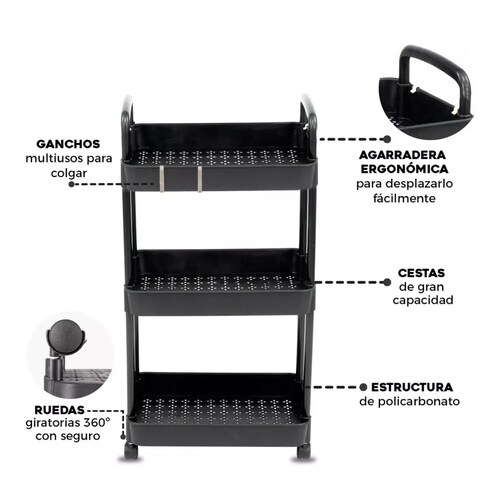 Carrito Auxiliar Organizador Multiusos 3 Niveles Plastico Negro