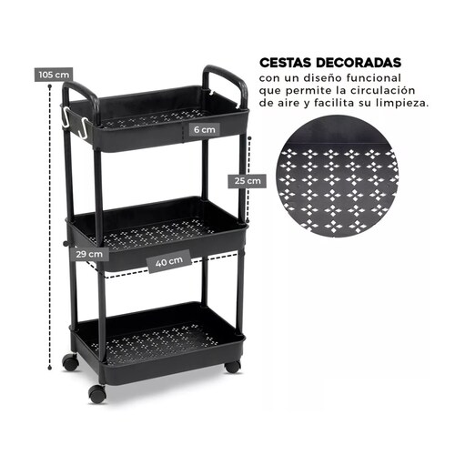 Carrito Auxiliar Organizador Multiusos 3 Niveles Plastico Negro