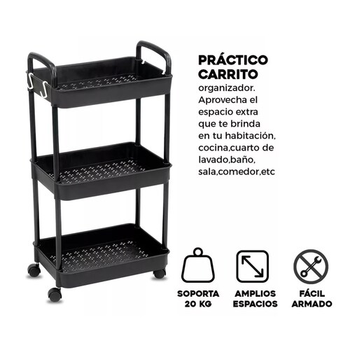 Carrito Auxiliar Organizador Multiusos 3 Niveles Plastico Negro