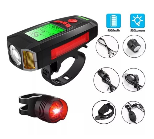 Luz para Bicicleta Recargable con USB, Bocina, Luz Trasera, Cronógra 
