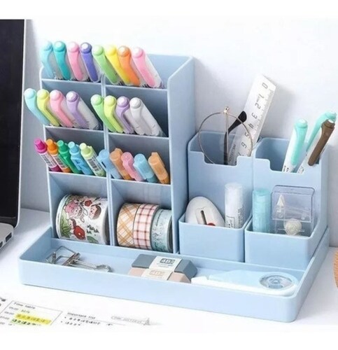 Organizador De Escritorio C/compartimentos Plumones Lapices Azul
