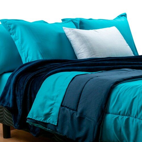 Edredón King Size Doble Vista, Juego de Sabanas, 2 Almohadas y Una Frazada| Marino