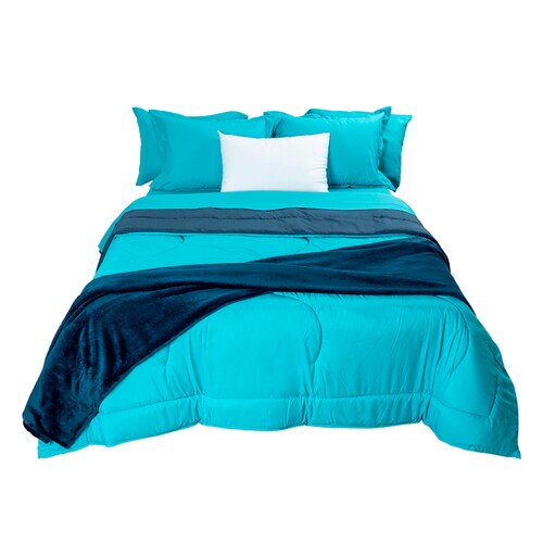 Edredón King Size Doble Vista, Juego de Sabanas, 2 Almohadas y Una Frazada| Marino