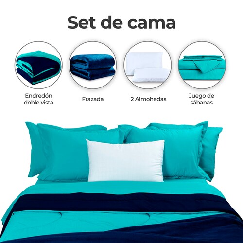 Edredón King Size Doble Vista, Juego de Sabanas, 2 Almohadas y Una Frazada| Marino