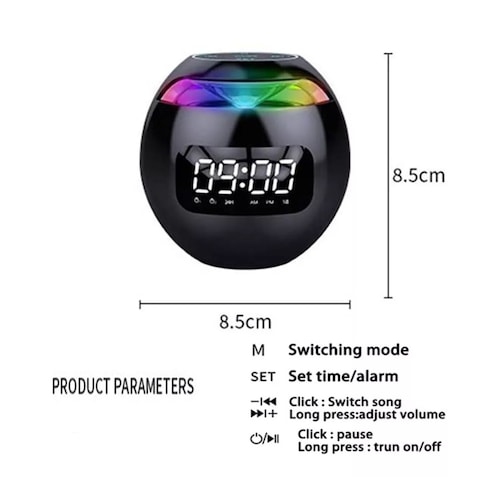 Altavoz Bluetooth Portátil Con Reloj Digital  Negro Metalico