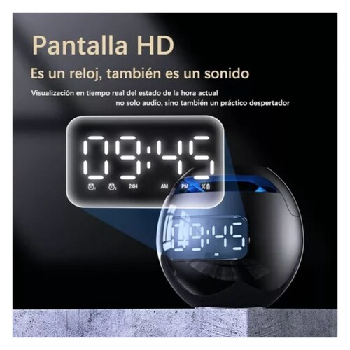 Altavoz Bluetooth Portátil Con Reloj Digital  Negro Metalico