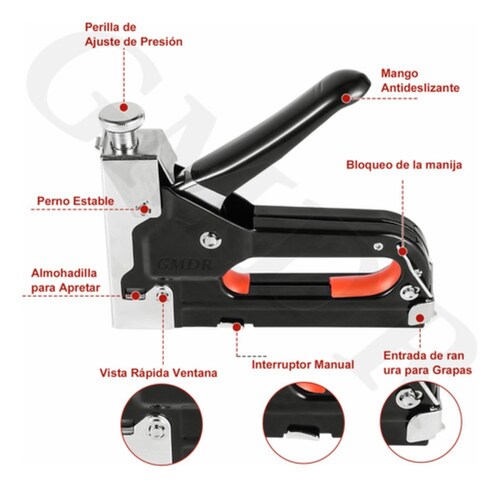 Engrapadora Tipo Pistola Para Tapiceria Con 900 Grapas 3 En1  Negro 