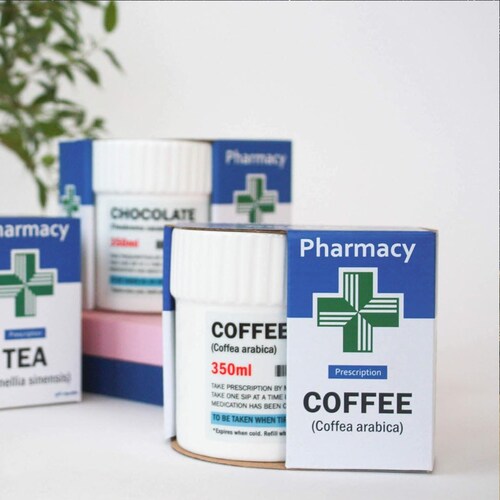 Taza de cerámica en forma de Pastillero Para Café Chocolate Etiqueta con Receta de Farmacia